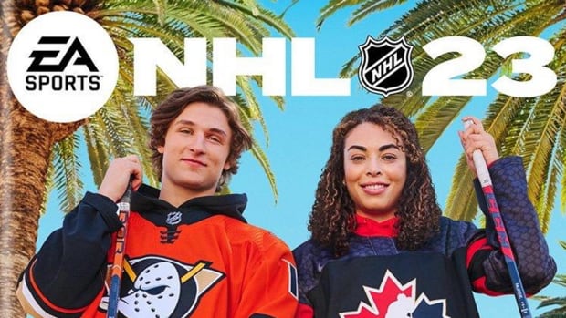 Trevor Zegras and Sarah Nurse on the NHL 23 cover.